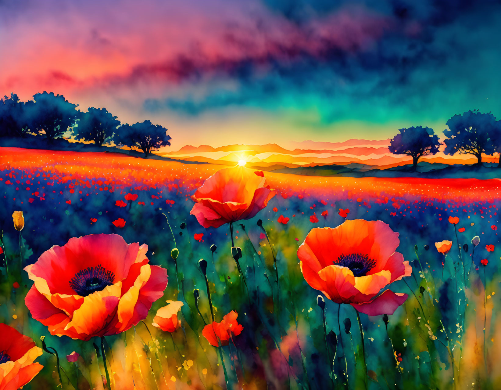 field of poppies sharp colors,watercolor style set