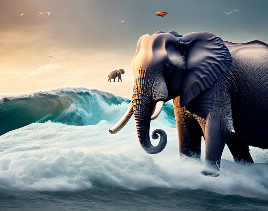 Surreal image of large elephants in ocean waves with dramatic sky