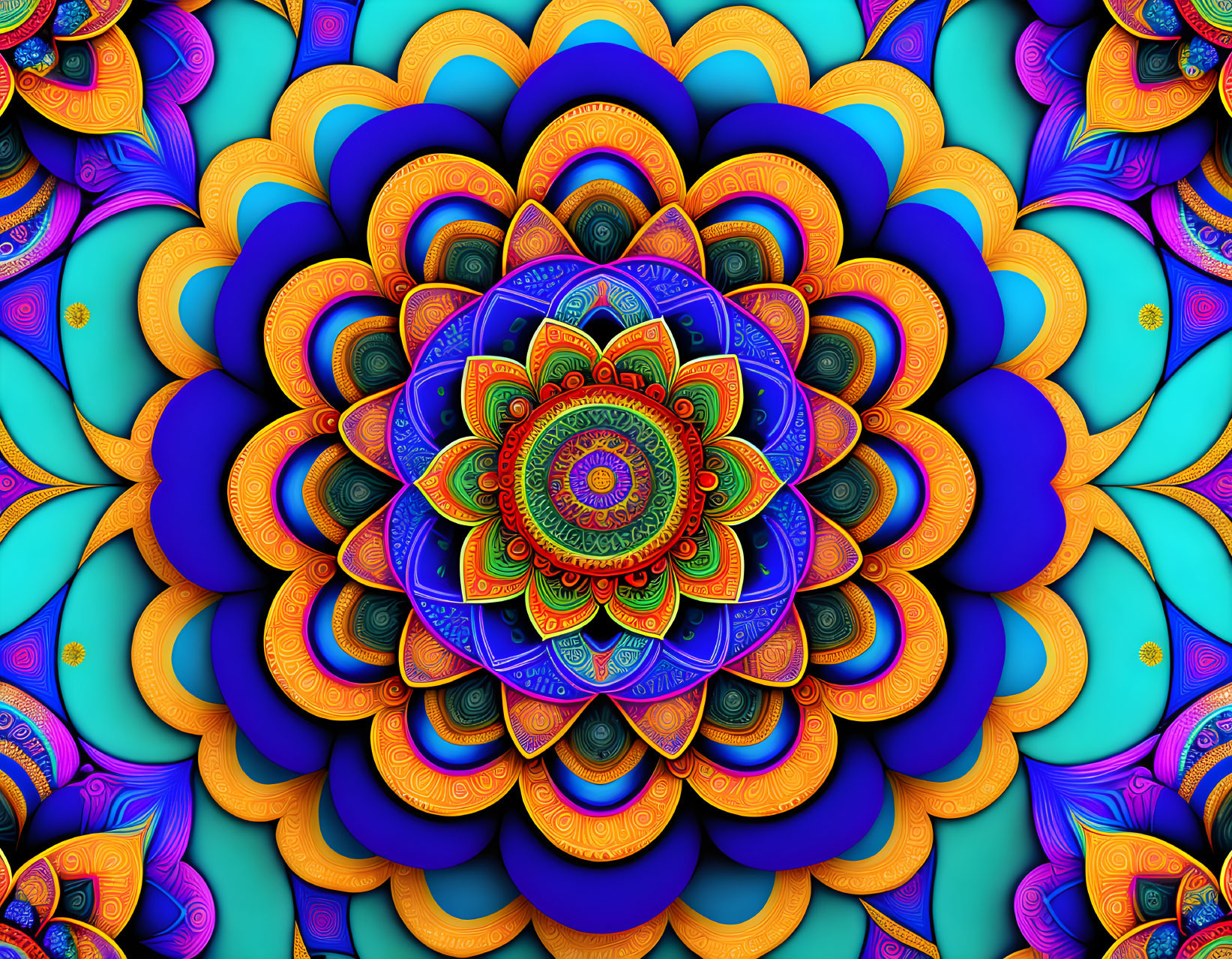 Colorful Multilayered Mandala Artwork in Blue, Orange, Yellow, Purple
