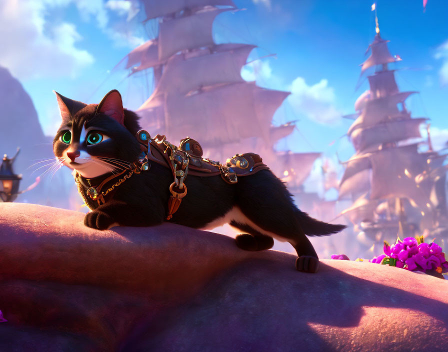 Black Cat with Green Eyes and Golden Chains on Rock with Fantasy Ships and Purple Flora