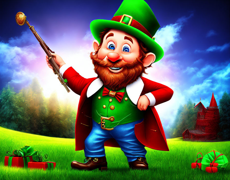 leprechaun with dressed in denim red pants