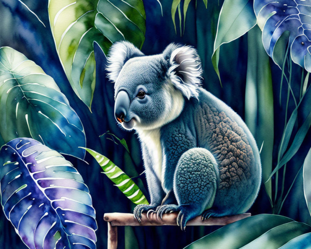 Detailed Illustration: Koala on Branch Amid Green Foliage & Blue Leaves