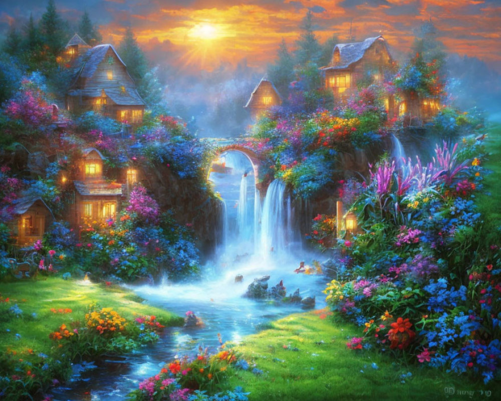 Colorful fantasy landscape with waterfall, stream, flowers, and cottages at dusk