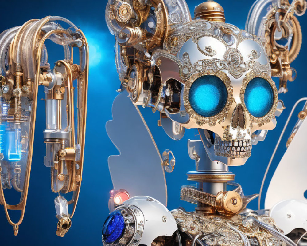 Intricate steampunk robotic skull with blue glowing eyes