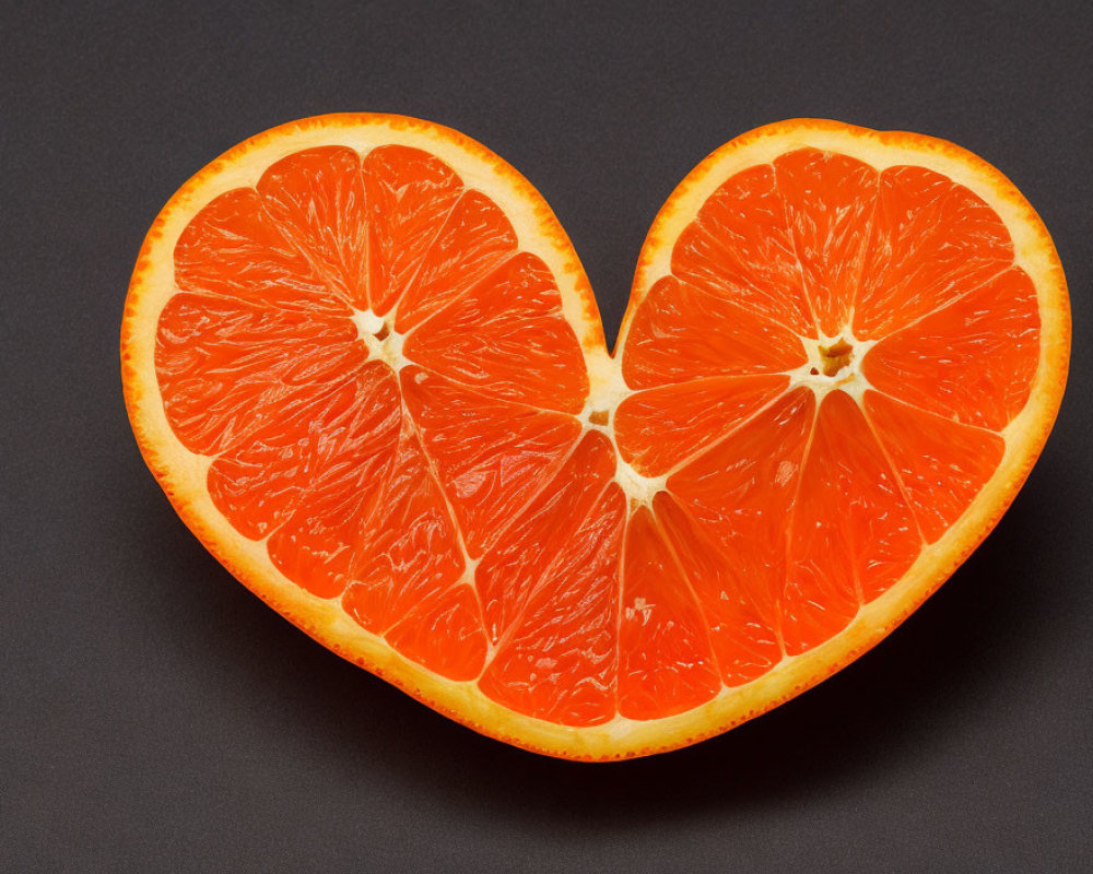 Vibrant orange slices in heart shape on dark background