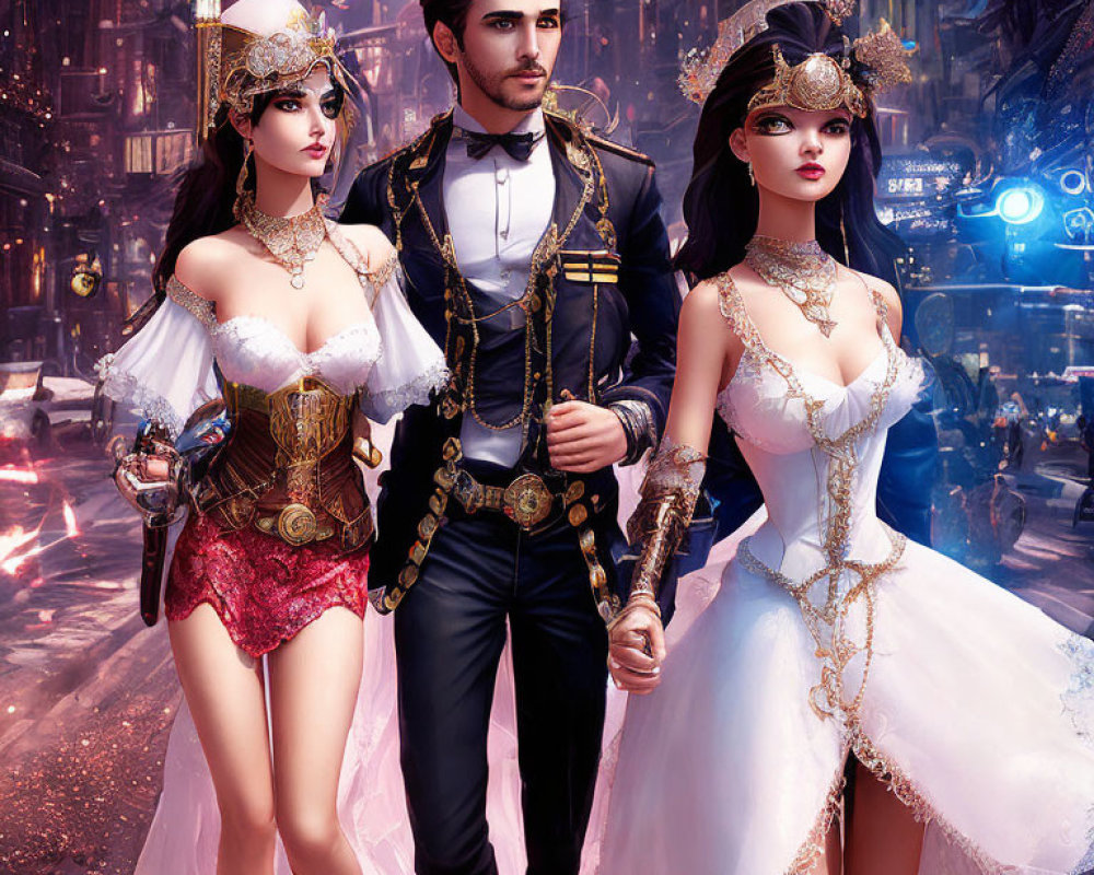 Three Steampunk Characters in Neon Cityscape