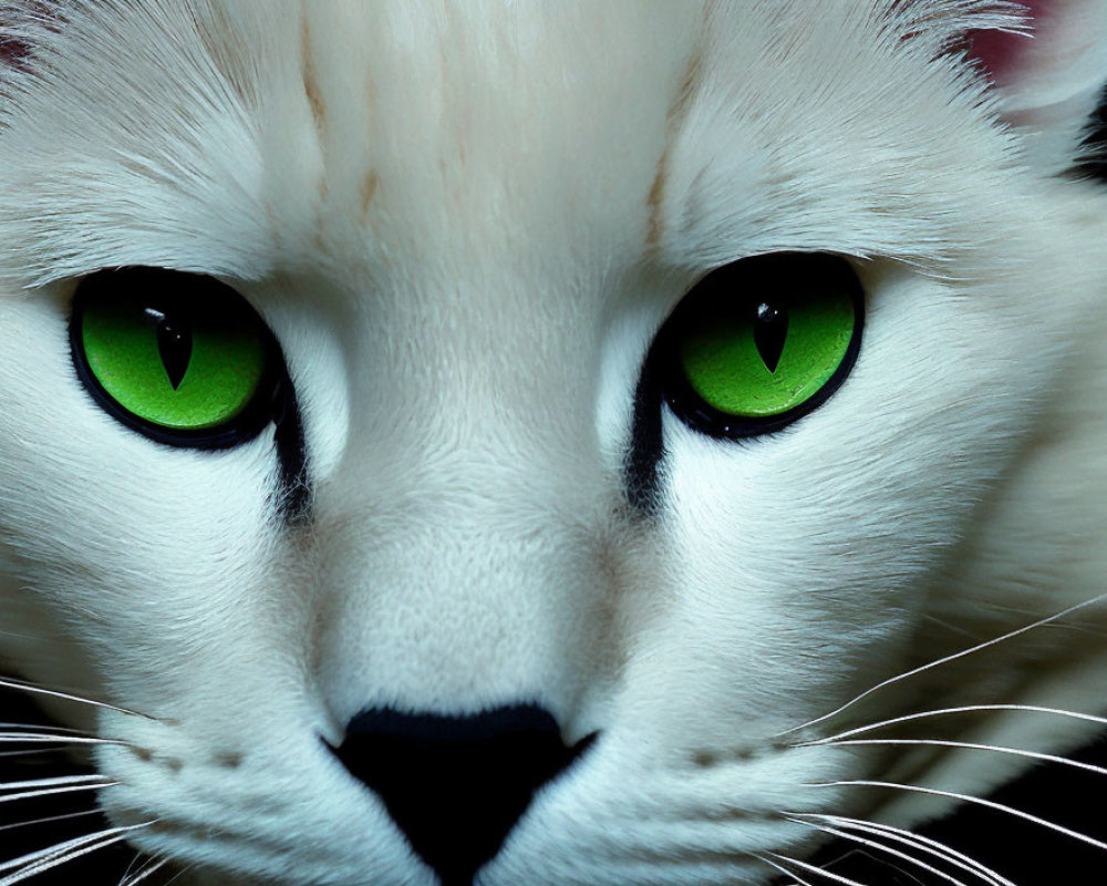White Cat with Striking Green Eyes and Black Nose Close-Up