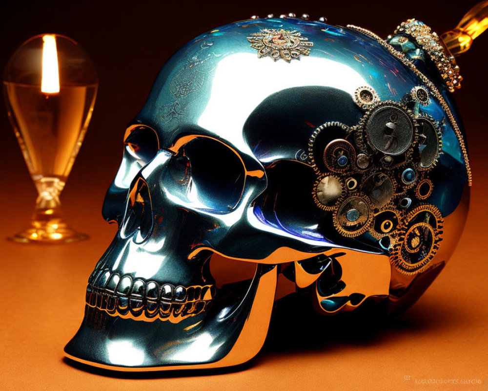 Metallic Blue Decorated Skull with Gears on Orange Background and Candle