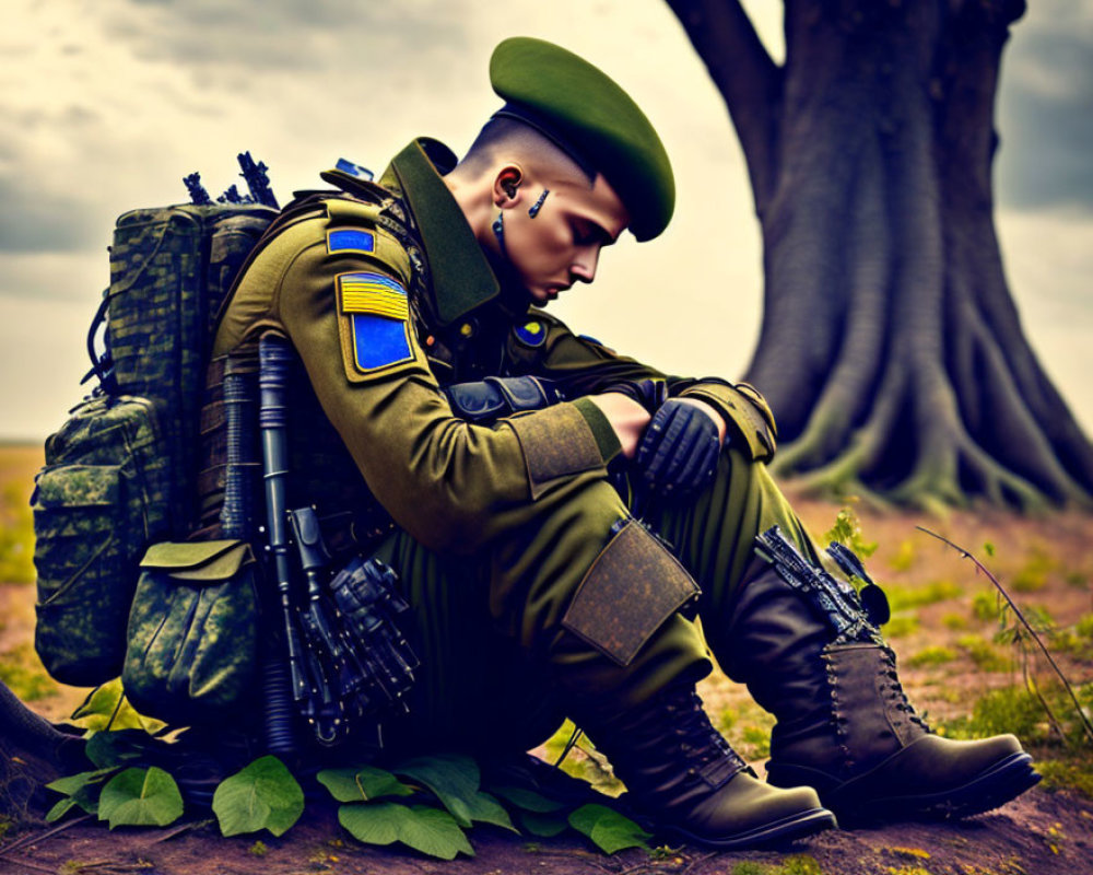 Military soldier resting under a tree with rifle and backpack