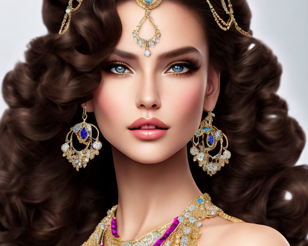 Illustration of woman with voluminous curly brown hair and ornate golden jewelry.