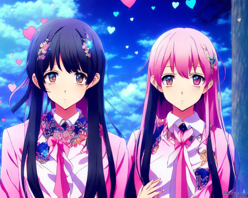 Anime girls with blue and pink hair in floral attire under twilight sky