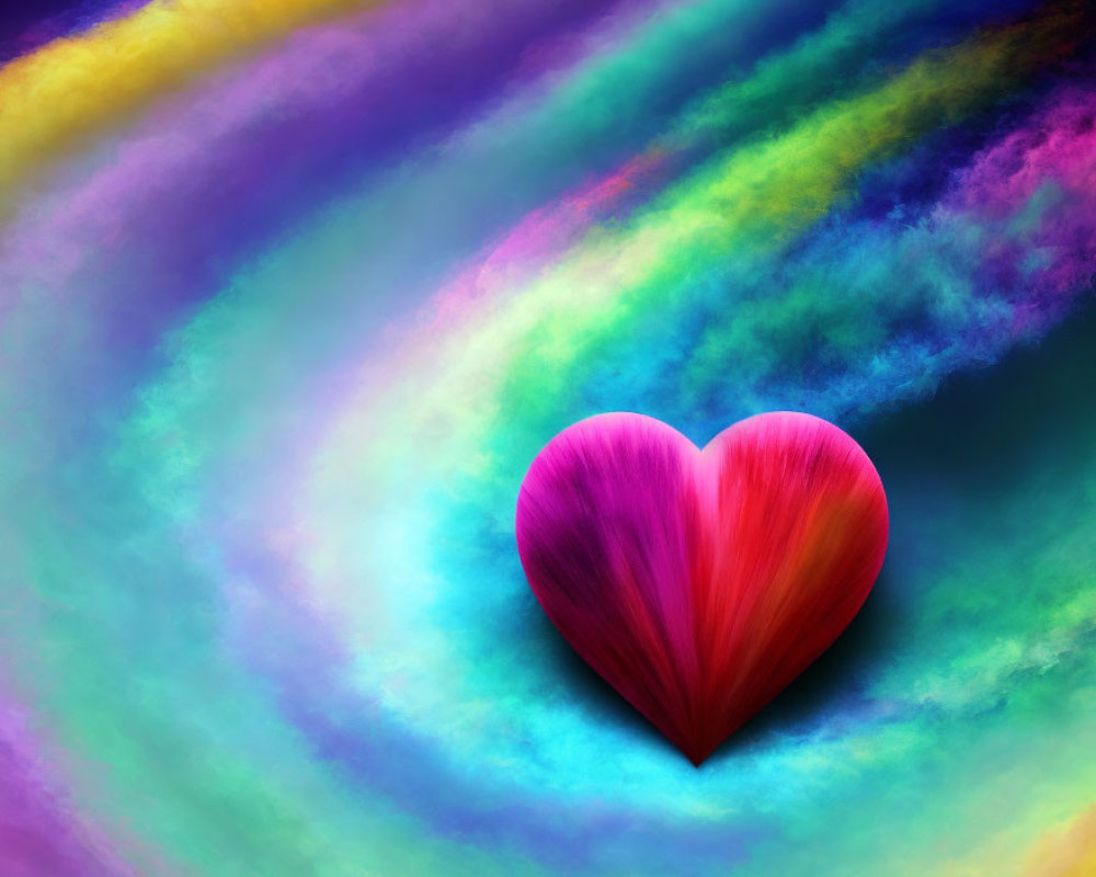 Colorful digital artwork featuring a pink and red heart on dynamic background