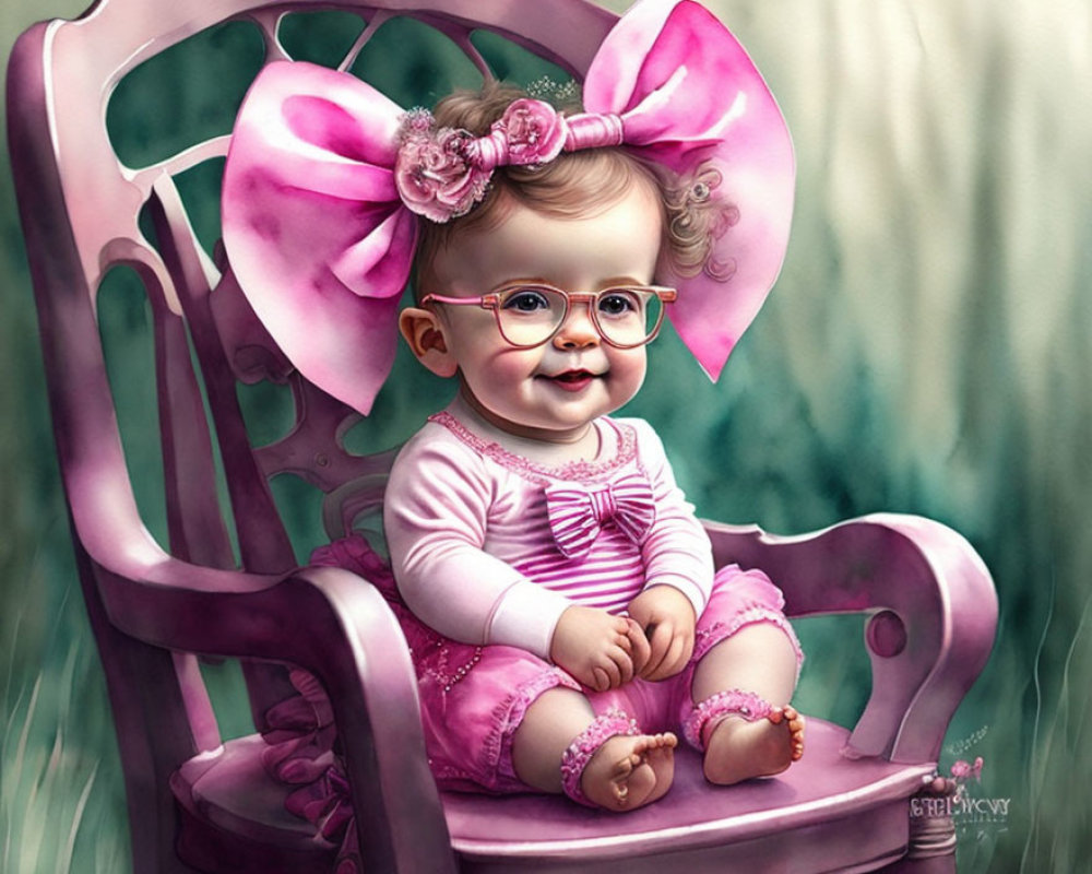 Adorable Baby with Glasses in Pink Outfit and Bow