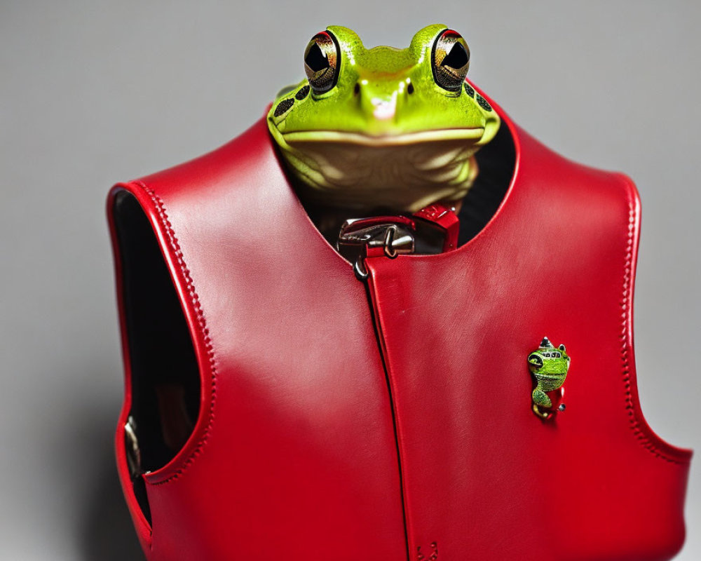 Green frog peeking from red leather bag with frog charm - Cute animal accessory combo