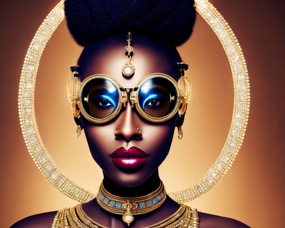 Stylized hair and ornate eyewear on a woman with gold jewelry