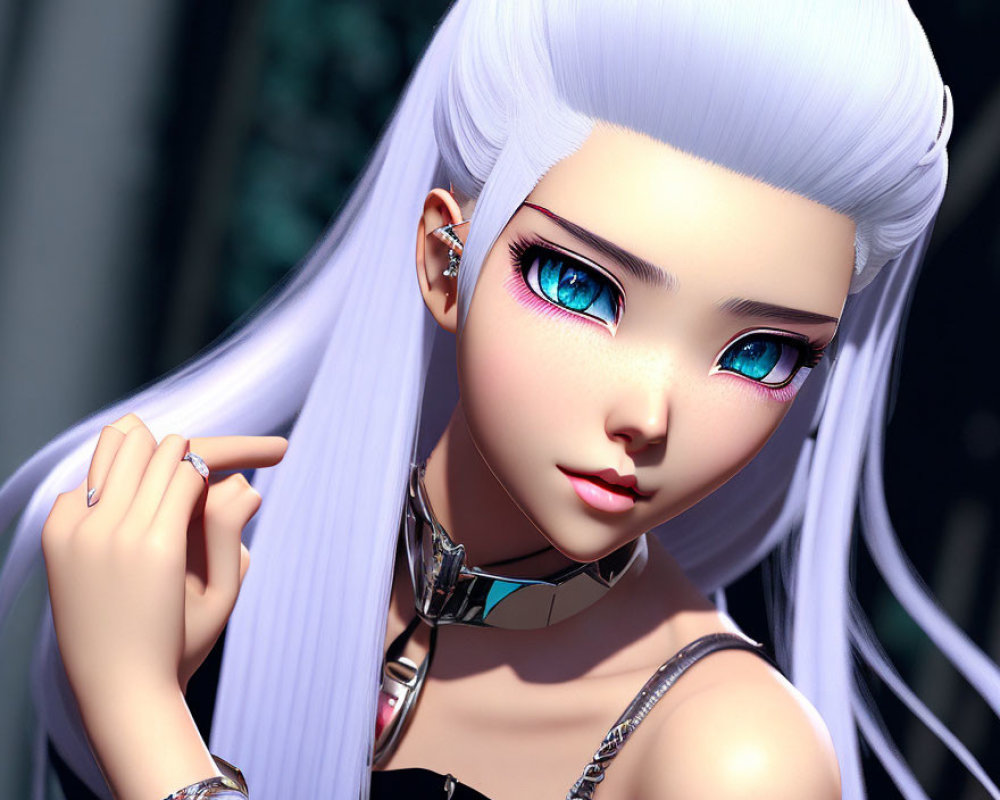 3D-rendered female character with blue eyes, white hair, silver choker
