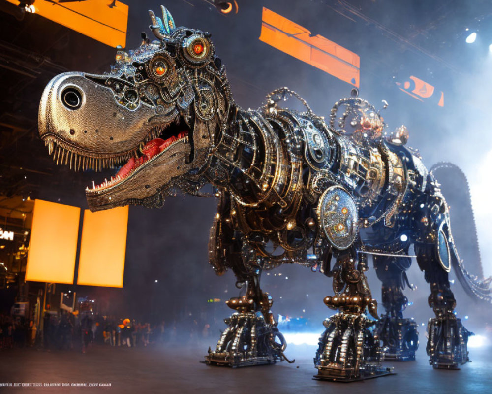 Intricate metallic horse sculpture with gears in dimly lit setting