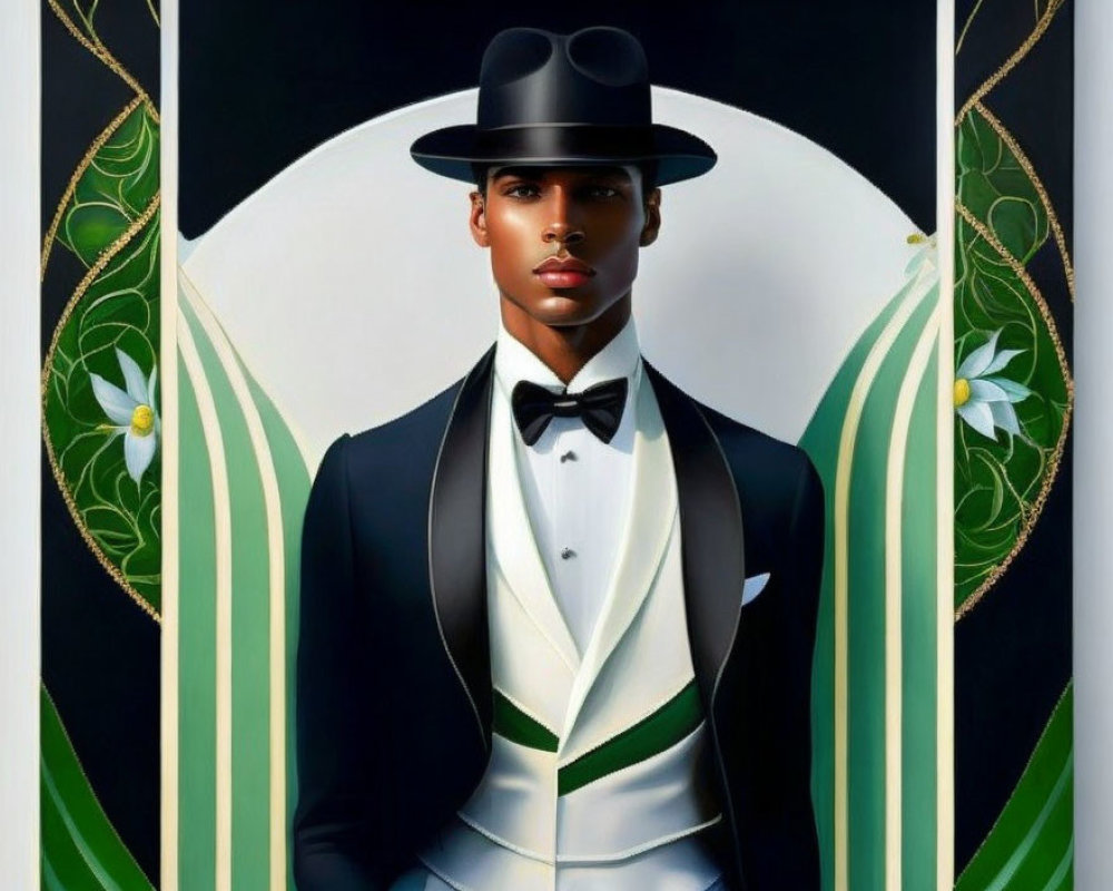 Sophisticated man in black tuxedo and top hat against art deco background