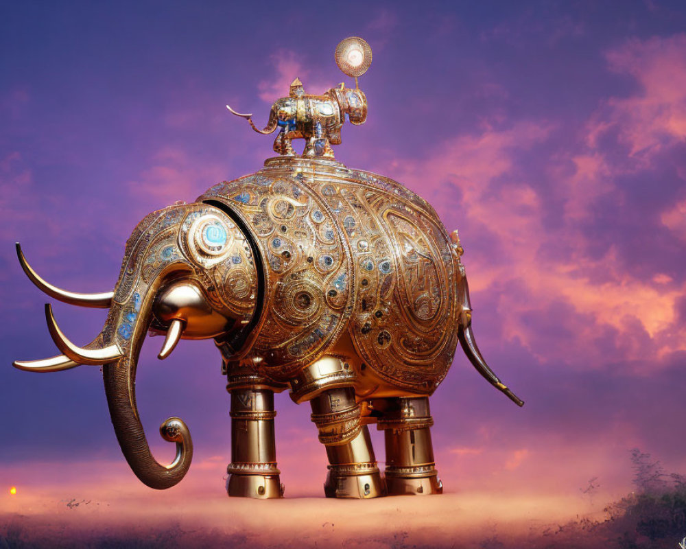 Ornate mechanical elephant in purple dusk setting