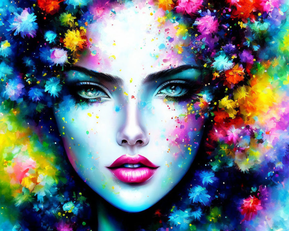 Colorful digital artwork of woman's face with blue eyes & paint splatters.