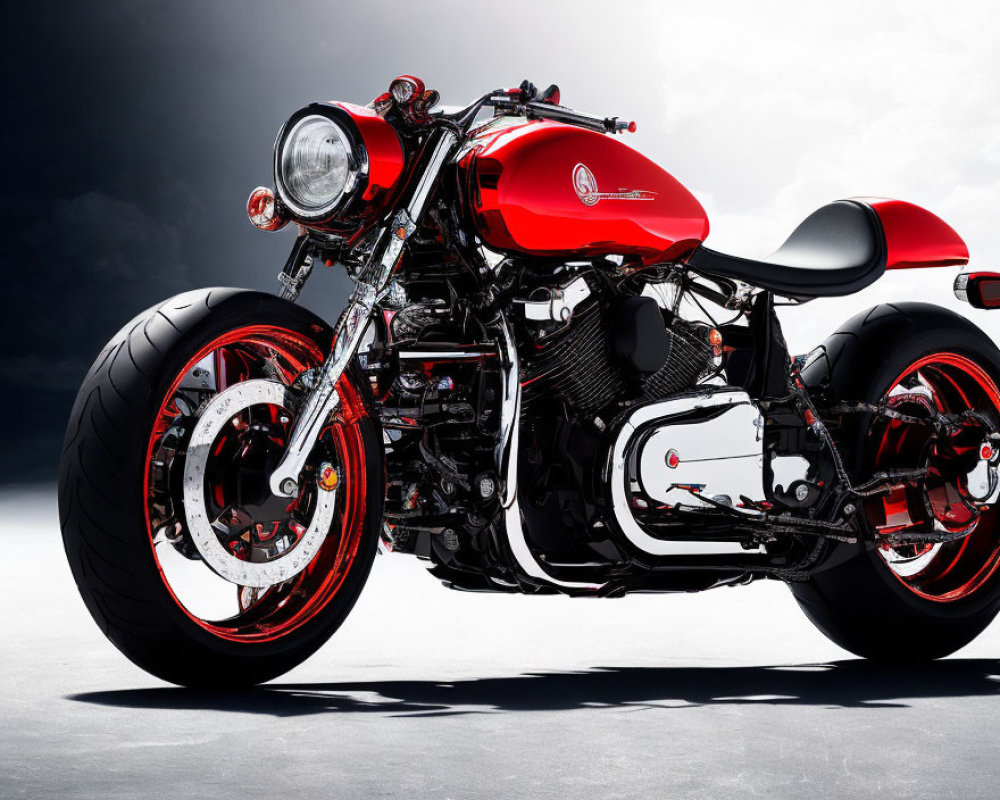 Red and Black Retro Custom Motorcycle with Round Headlight & Café Racer Seat