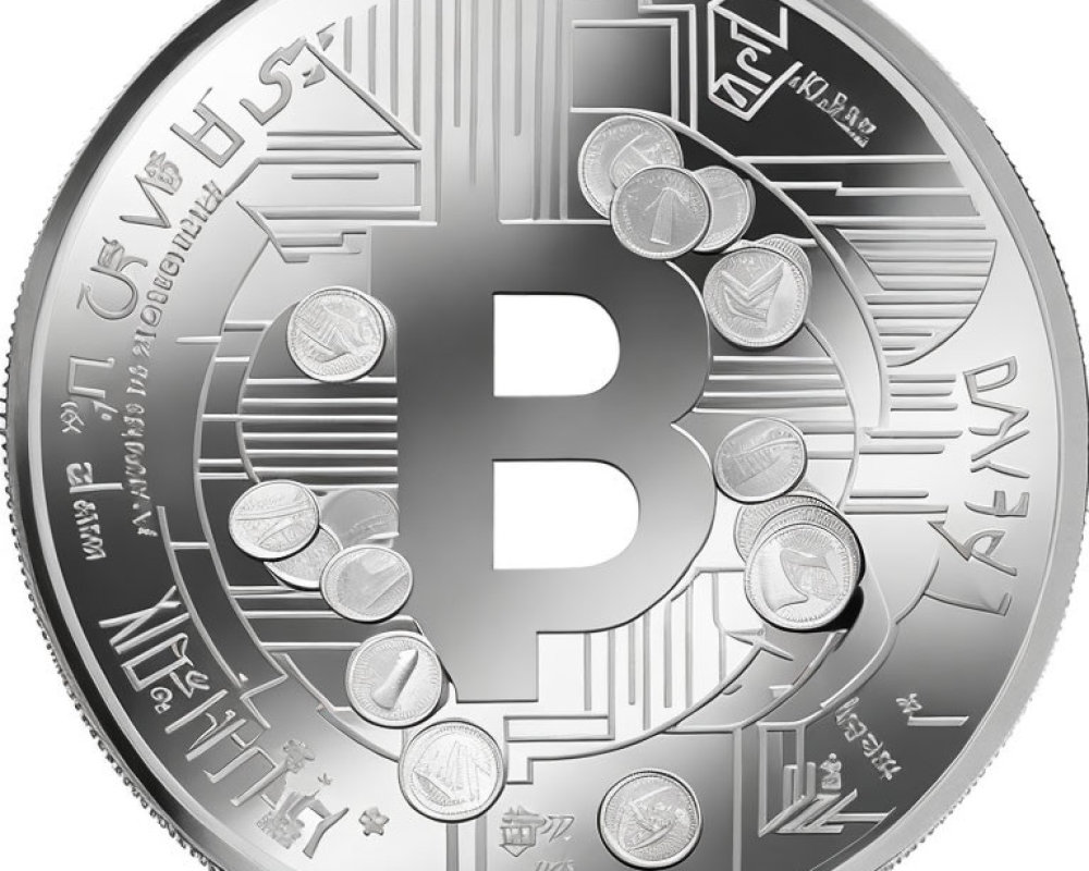 Silver Bitcoin-themed coin with circuit board design and global currency symbols