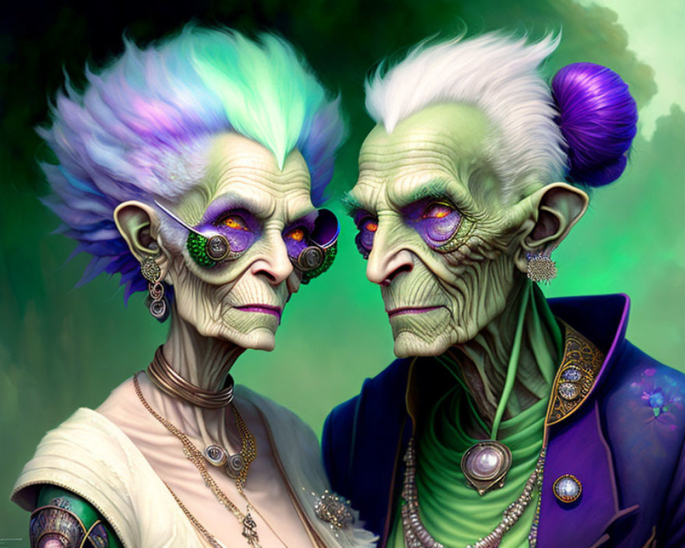 Elderly fantasy characters with green skin and purple hair in stylish attire