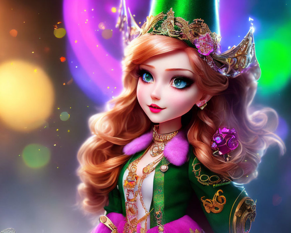 Fantasy princess digital artwork with auburn hair, green attire, crown, and intricate earpiece