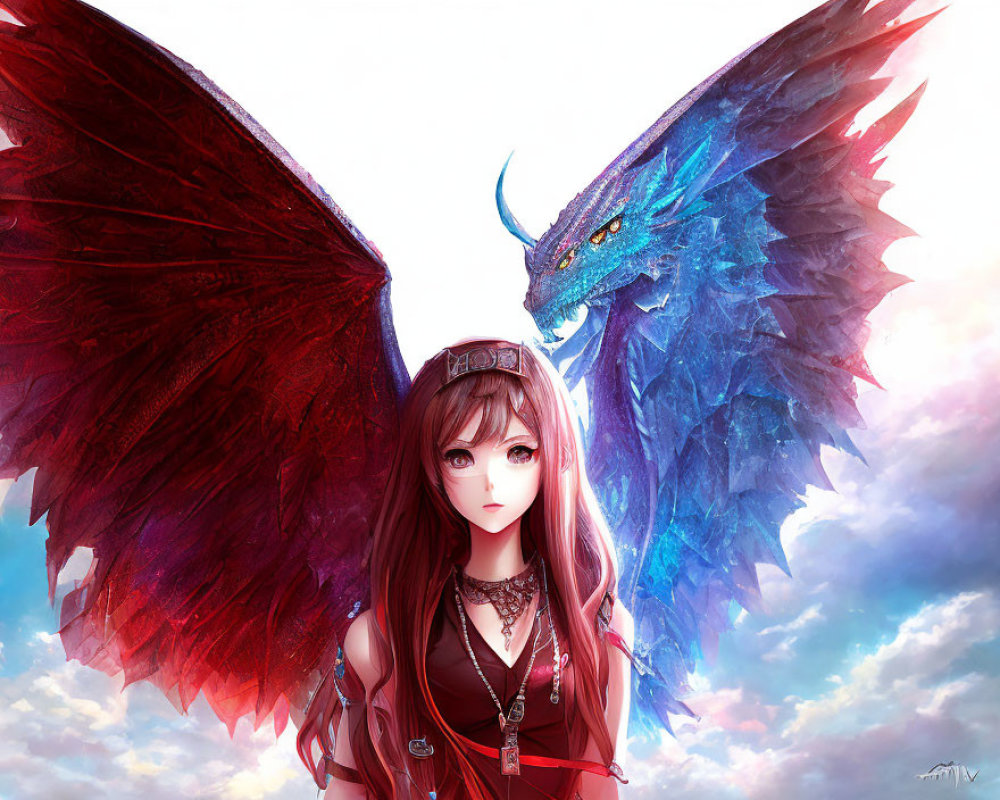 Anime-style illustration of girl and dragon with matching red wings in dreamy sky.