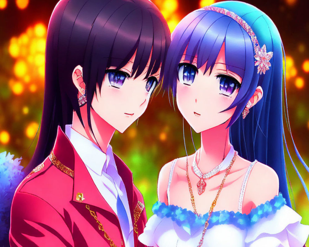 Animated characters in red and white outfits with dark hair and blue details on a warm, sparkling backdrop