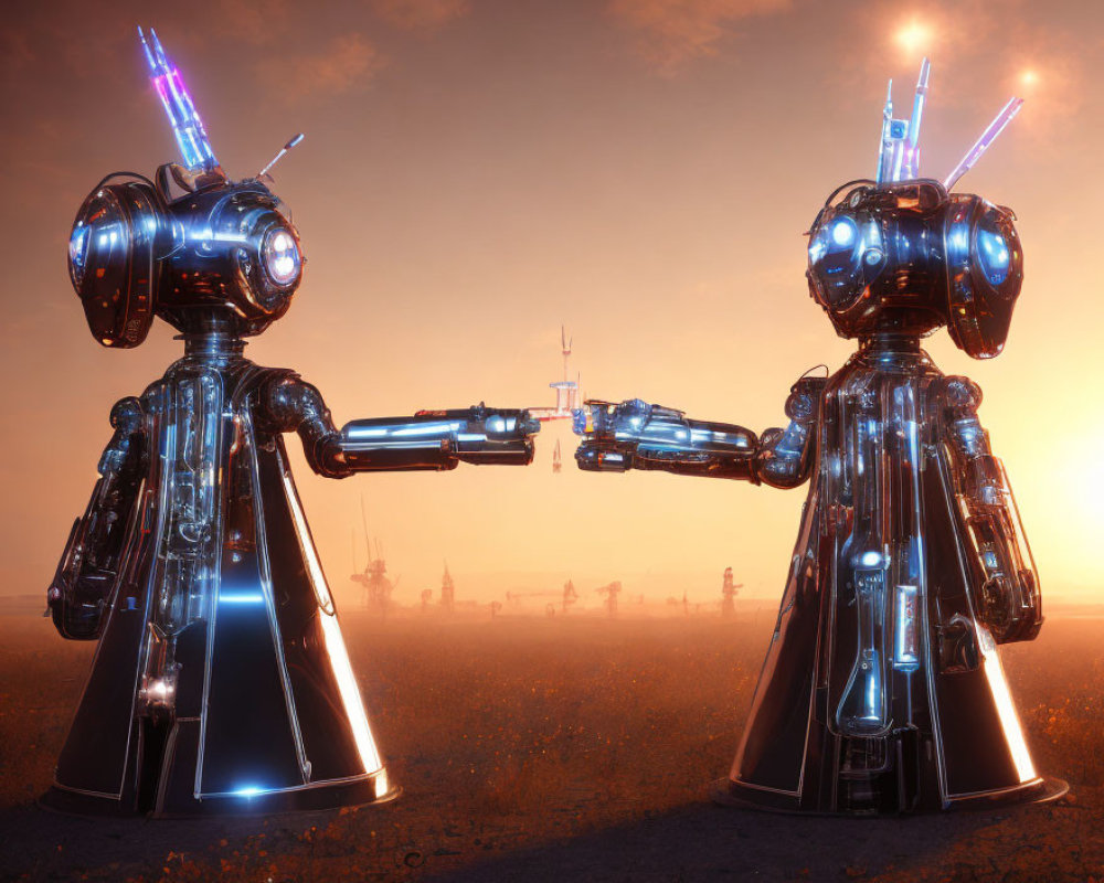Humanoid robots touch fingers in desert with cosmic sunset backdrop