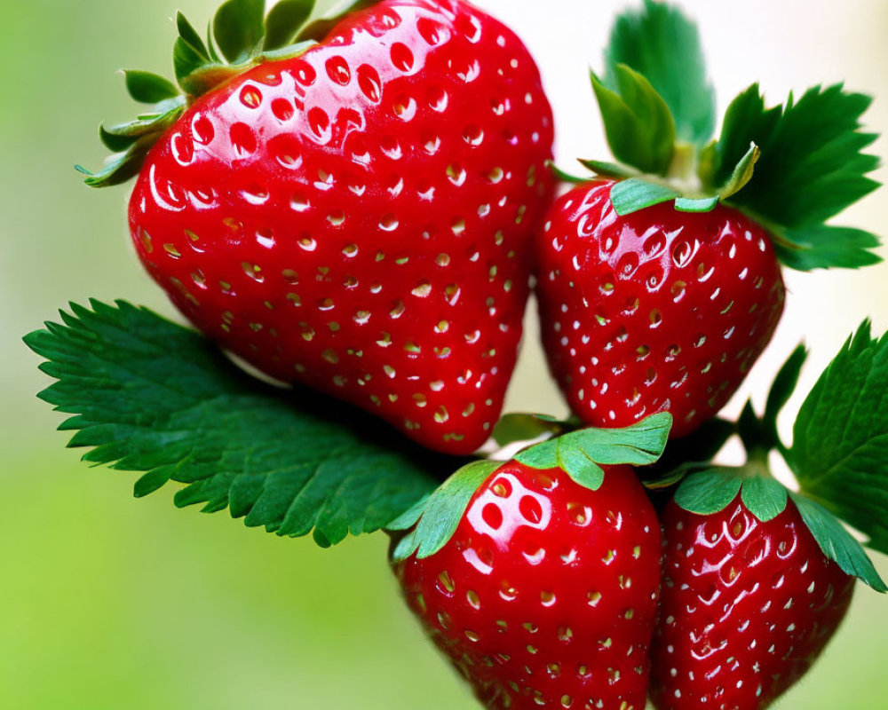 Vibrant ripe strawberries with green leaves on blurred green backdrop