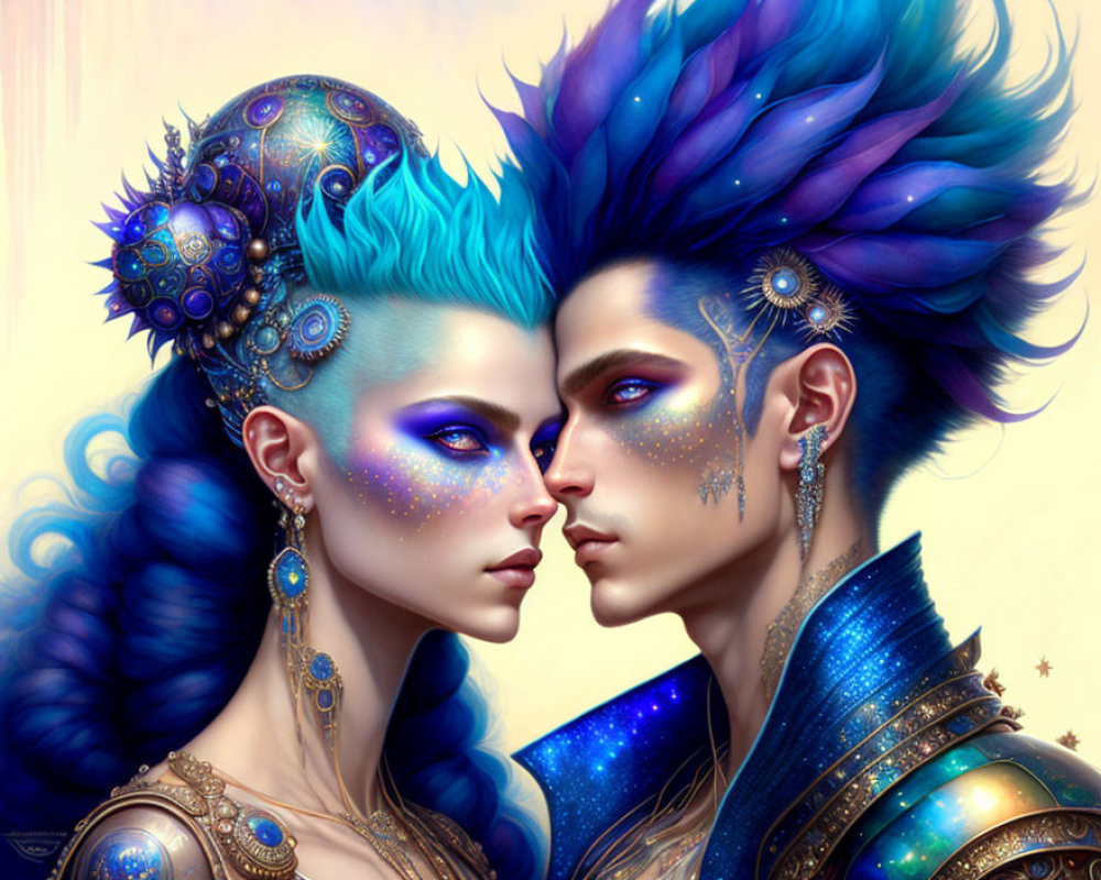 Vibrant blue hair, celestial-themed characters gazing intently