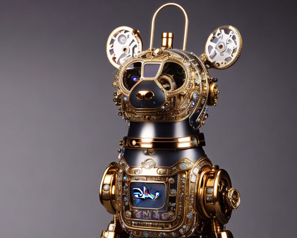Steampunk-style bear robot with metallic joints and gemstones