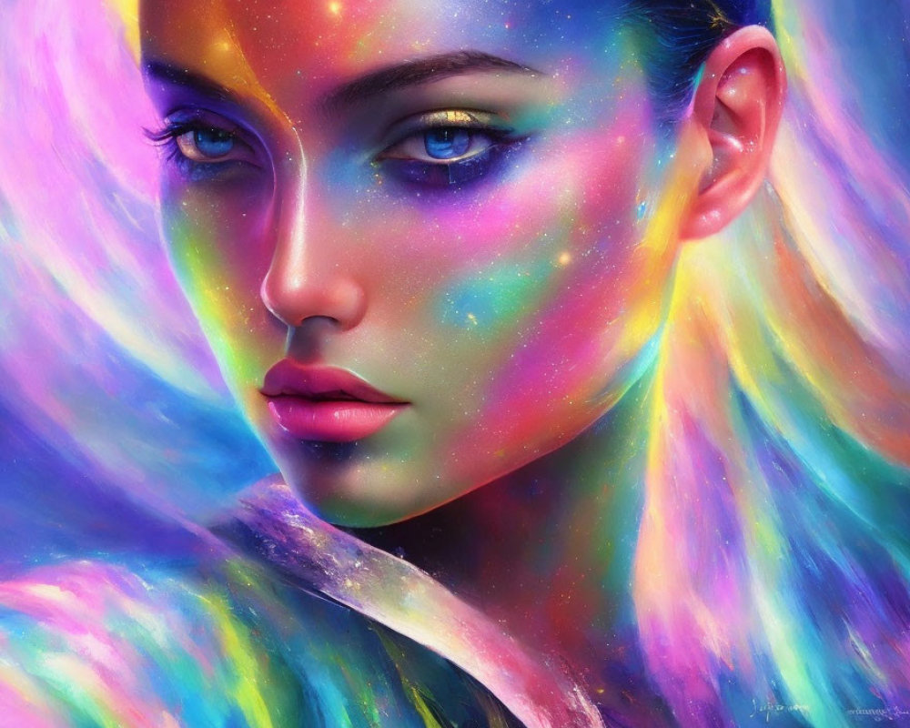Colorful portrait of a woman with iridescent skin tones.