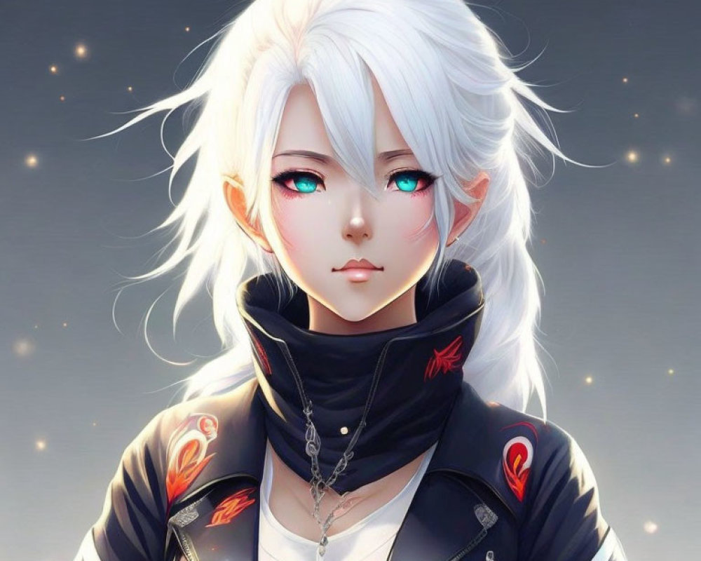White-Haired Female Character in Black Jacket with Blue Eyes