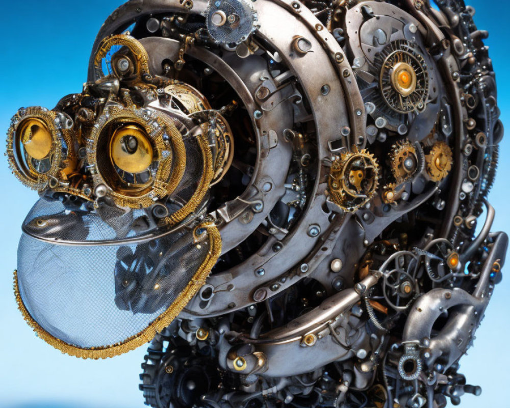 Detailed mechanical fish sculpture with gears and cogs on blue background