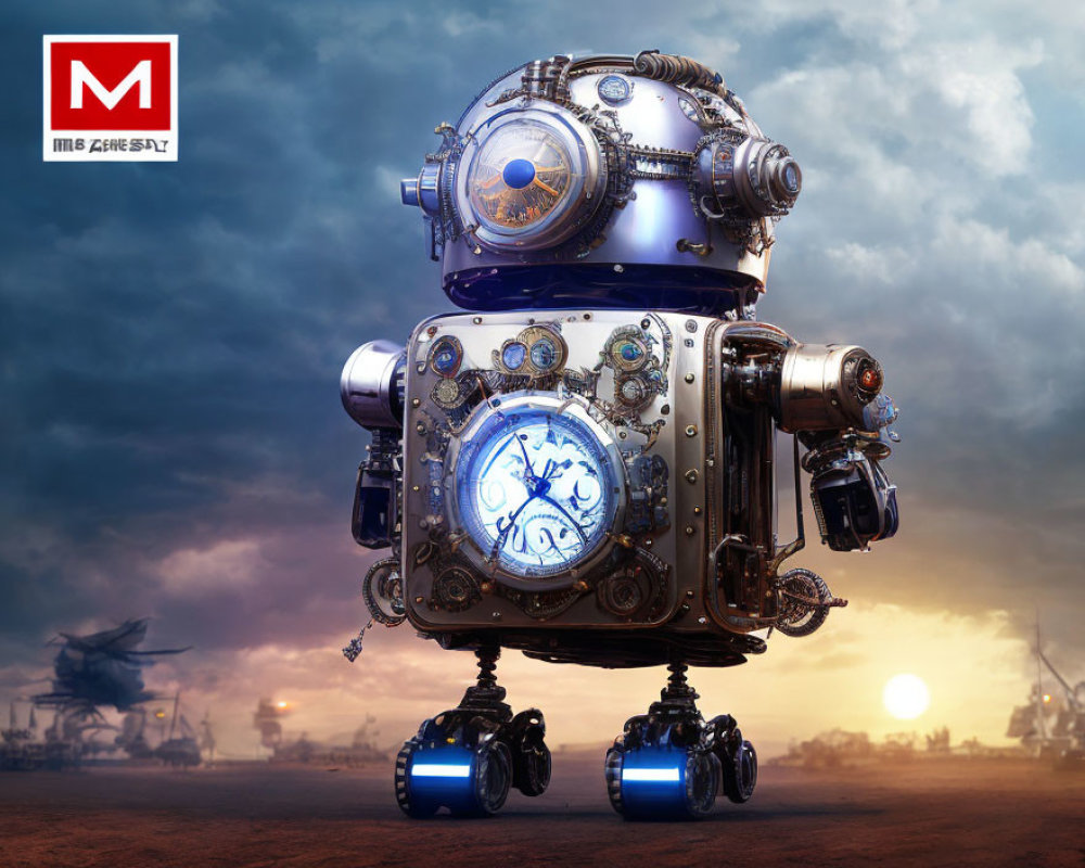 Steampunk robot with gears and clock faces in futuristic setting