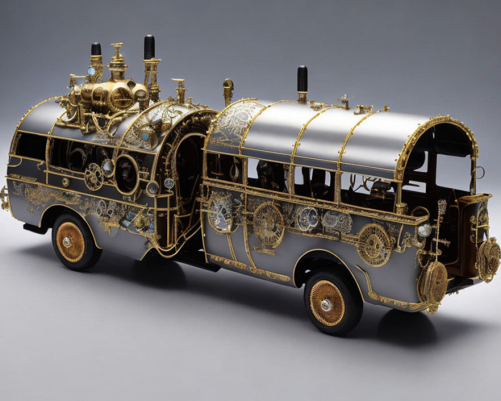 Intricate golden details on steam engine train bus model on grey background
