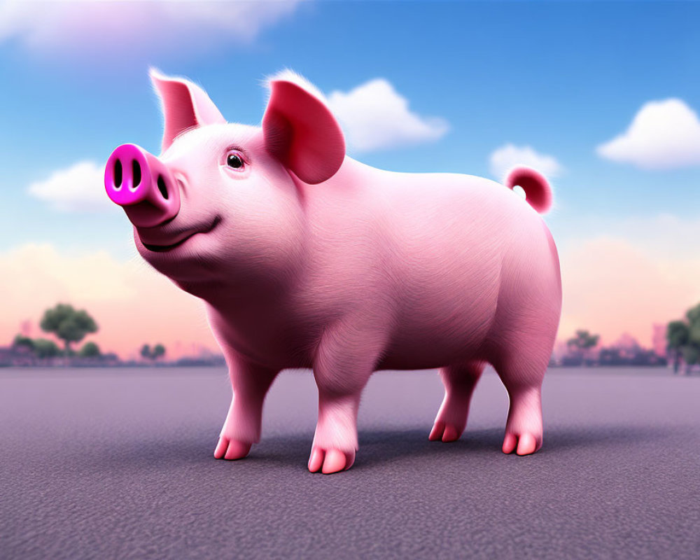 Stylized cheerful pink pig on paved surface with pink-purple sky