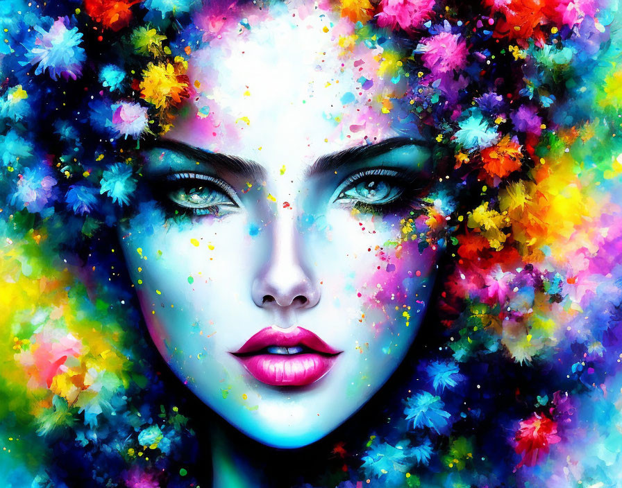 Colorful digital artwork of woman's face with blue eyes & paint splatters.