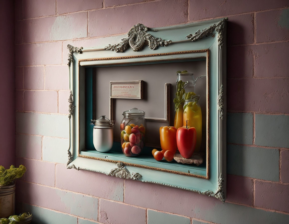 Vintage Frame Shelf Displaying Jars, Books, Bell Pepper, and Peaches