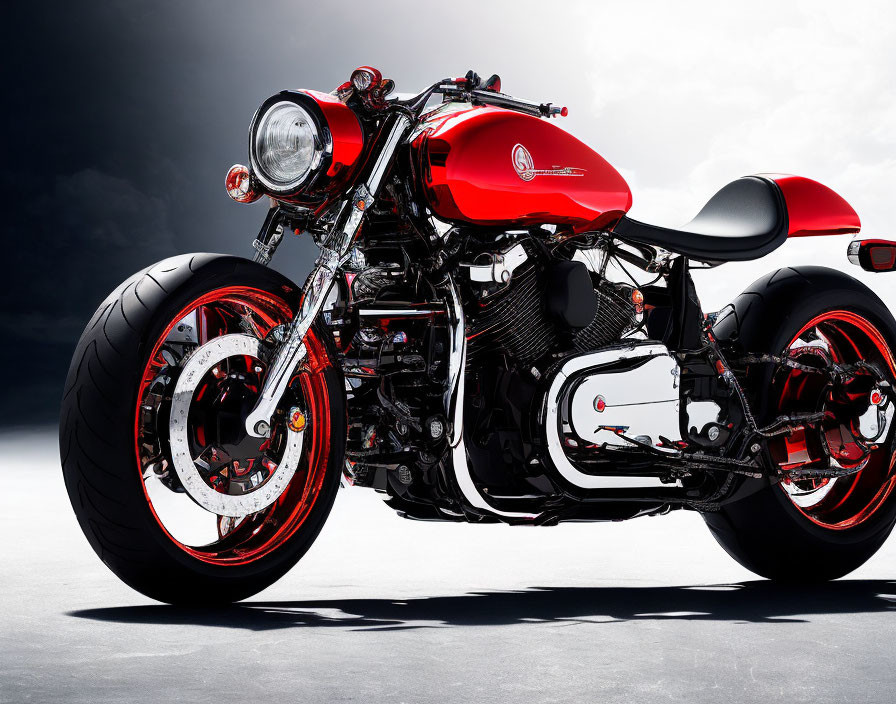Red and Black Retro Custom Motorcycle with Round Headlight & Café Racer Seat