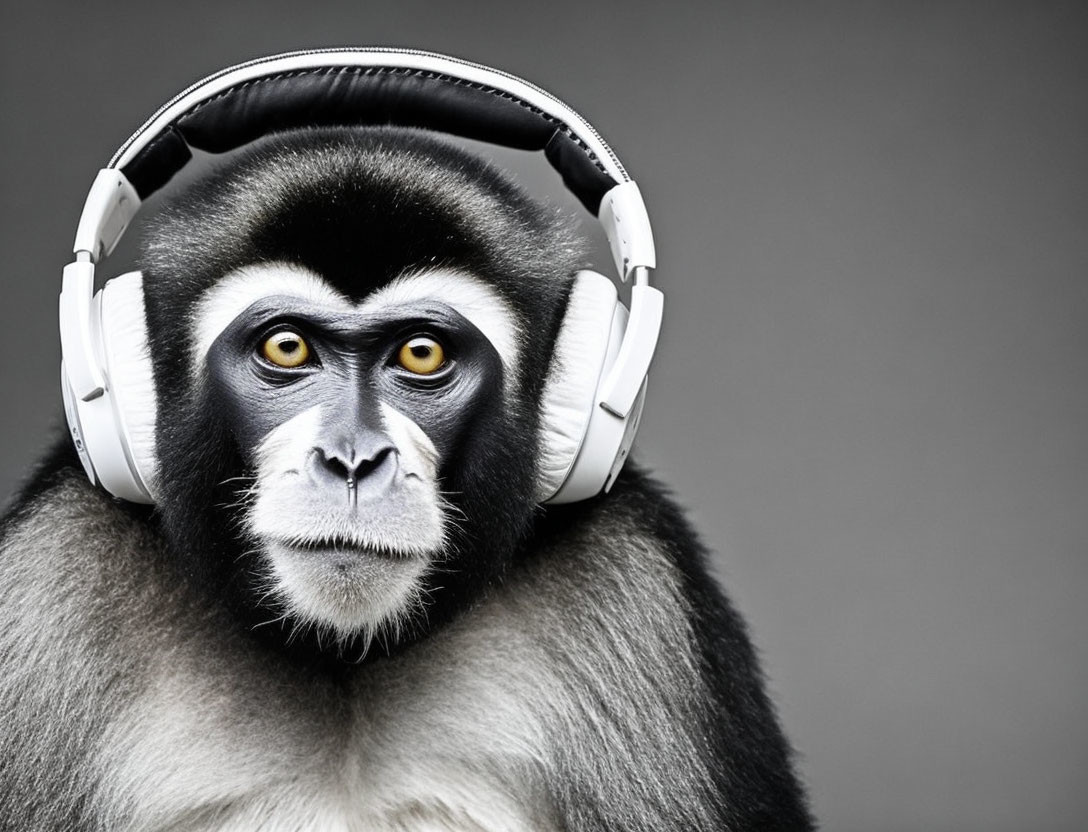 black and white monkey in headphones