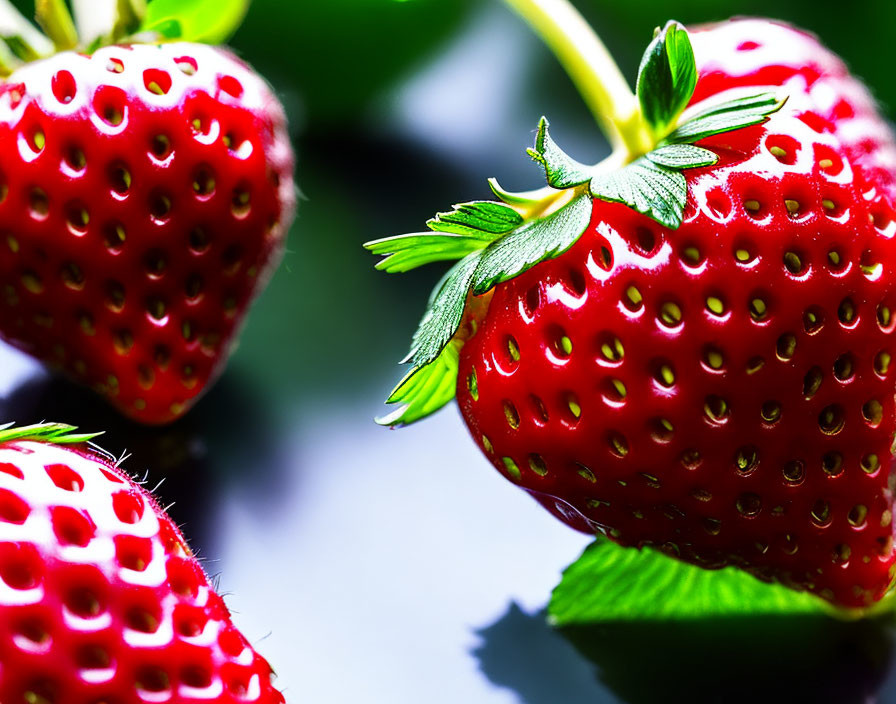 Vibrant ripe strawberries with green leaves on blurred background