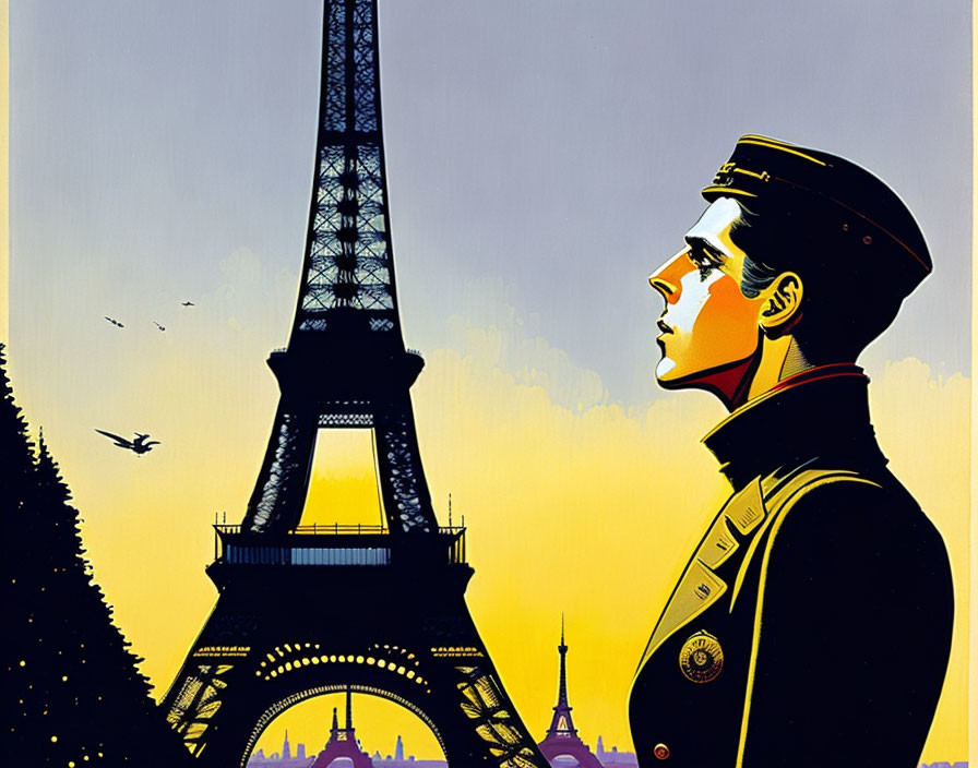 Illustration of uniformed officer with Eiffel Tower backdrop under amber sky.