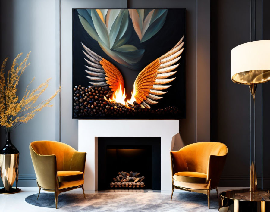 a modern fireplace, a painting, two winged armchai