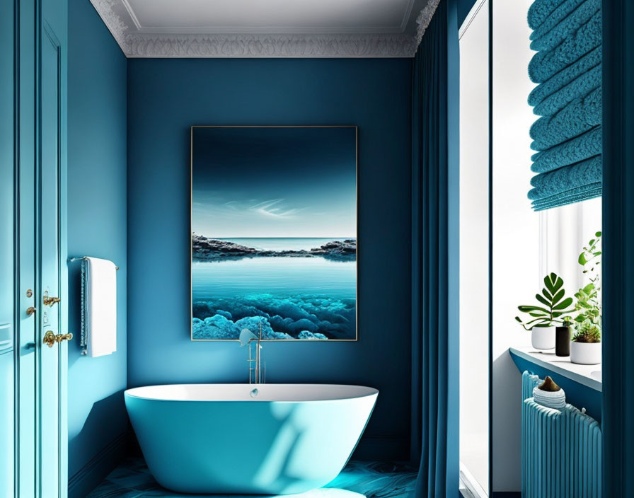 modern bathroom, sea blue colors, picture on the w