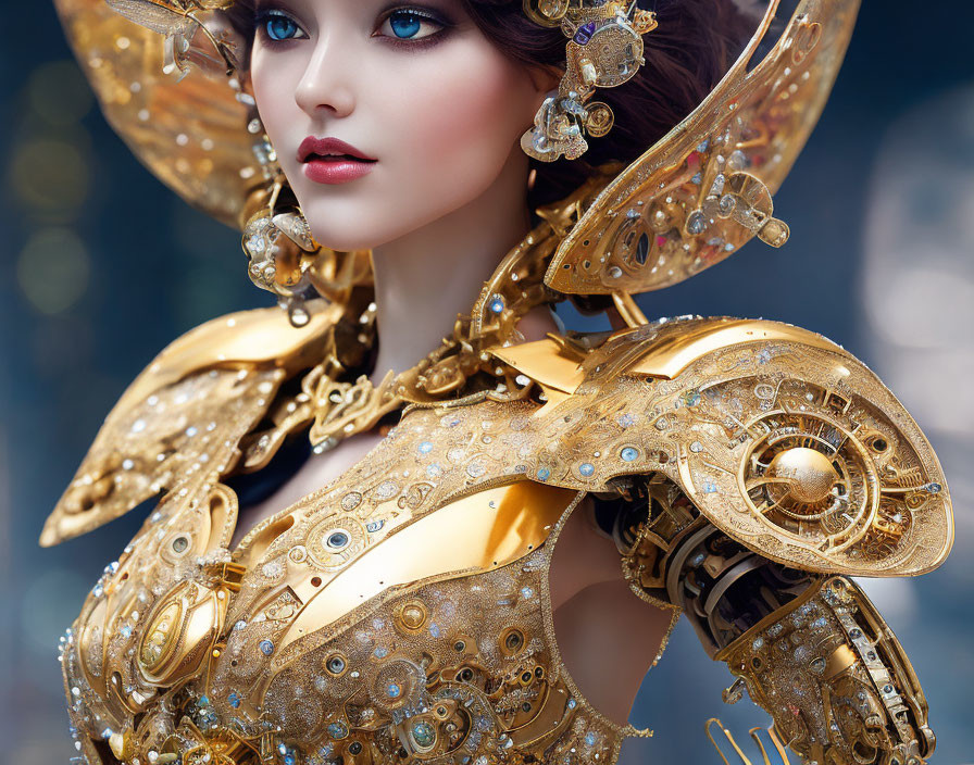 Woman in ornate golden mechanical armor with intricate details and gears and large shoulder piece.