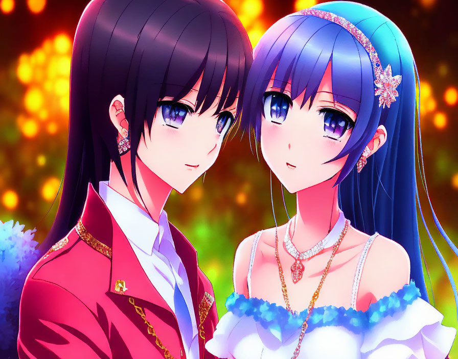 Animated characters in red and white outfits with dark hair and blue details on a warm, sparkling backdrop